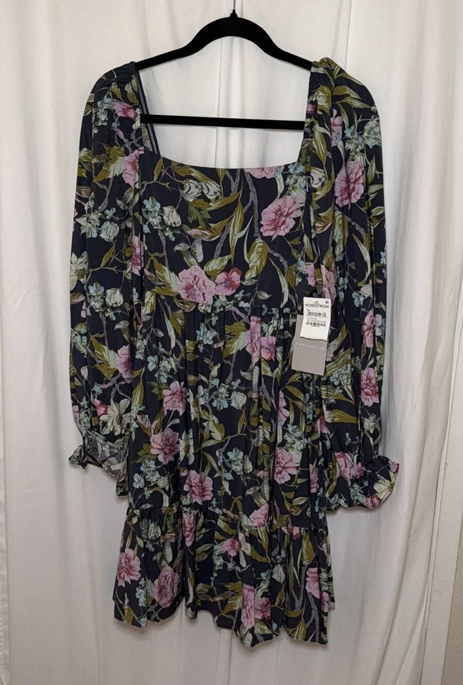 New W/Tags! Fall Blue/Gray Long Sleeve Pink Floral Rushed Mini Dress Chelsea28